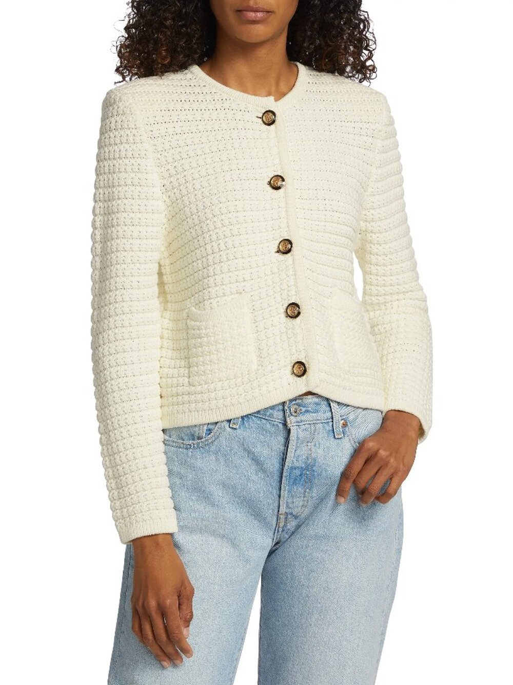 ba&sh Gaspard Ivory Cotton Tweed Knit Cardigan With Gold Buttons Size 2/Med